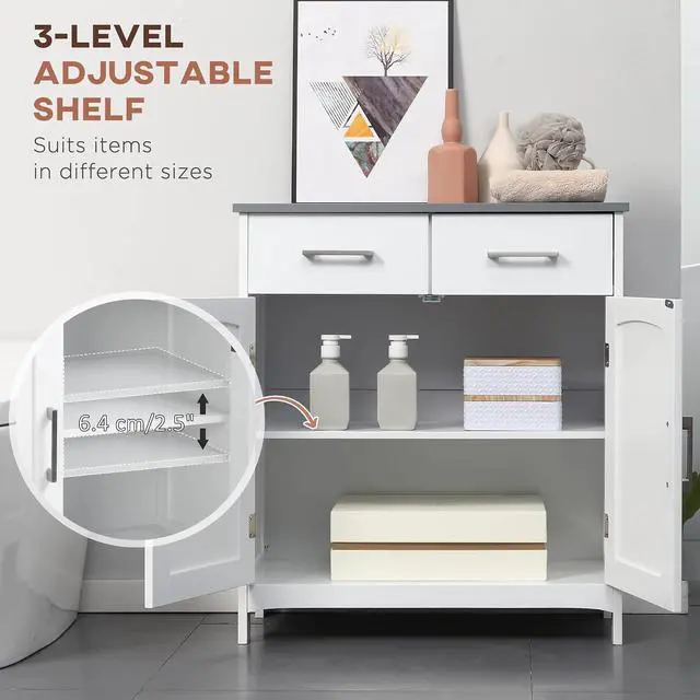 Alt view image 5 of 7 - kleankin Bathroom Floor Cabinet Freestanding Linen Cabinet 2 Drawers White | Double Doors, Adjustable Shelf