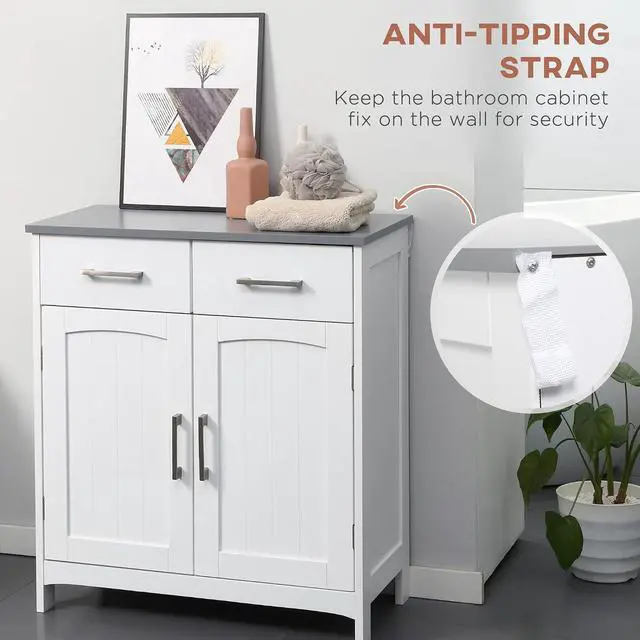Alt view image 6 of 7 - kleankin Bathroom Floor Cabinet Freestanding Linen Cabinet 2 Drawers White | Double Doors, Adjustable Shelf