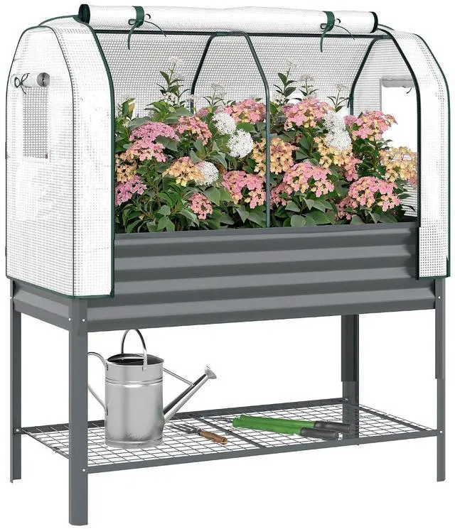 Main image of Galvanised Raised Garden Bed with Greenhouse Cover, Dark Gray | Metal Elevated Garden Bed with Legs, Bed Liner, Bottom Shelf, Outdoor Raised Planter Box for Vegetables, Herbs, Flowers