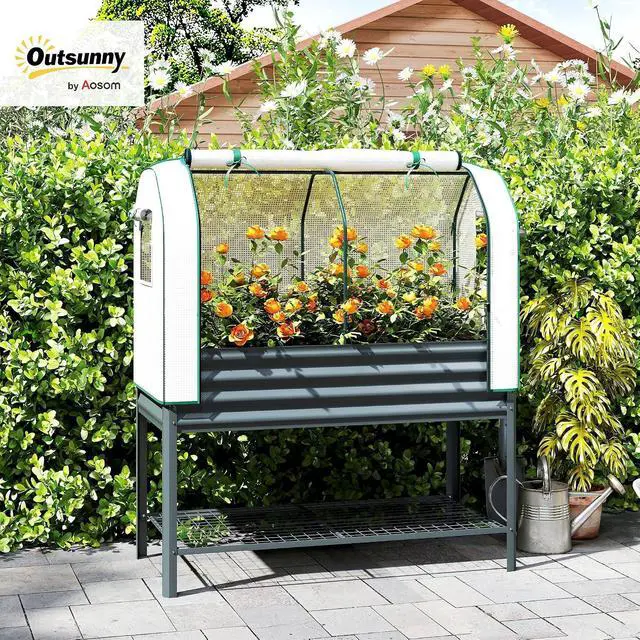 Alt view image 2 of 7 - Galvanised Raised Garden Bed with Greenhouse Cover, Dark Gray | Metal Elevated Garden Bed with Legs, Bed Liner, Bottom Shelf, Outdoor Raised Planter Box for Vegetables, Herbs, Flowers