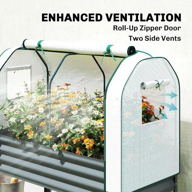 Alt view image 4 of 7 - Galvanised Raised Garden Bed with Greenhouse Cover, Dark Gray | Metal Elevated Garden Bed with Legs, Bed Liner, Bottom Shelf, Outdoor Raised Planter Box for Vegetables, Herbs, Flowers