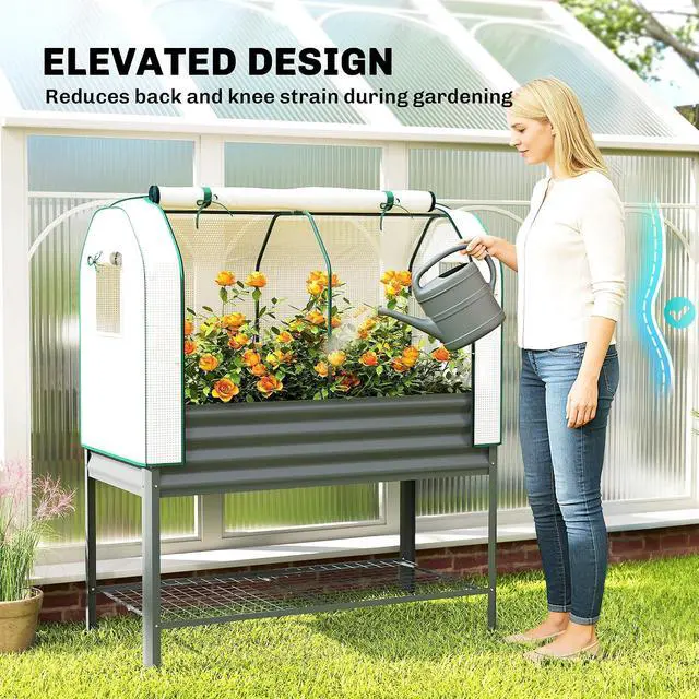 Alt view image 5 of 7 - Galvanised Raised Garden Bed with Greenhouse Cover, Dark Gray | Metal Elevated Garden Bed with Legs, Bed Liner, Bottom Shelf, Outdoor Raised Planter Box for Vegetables, Herbs, Flowers