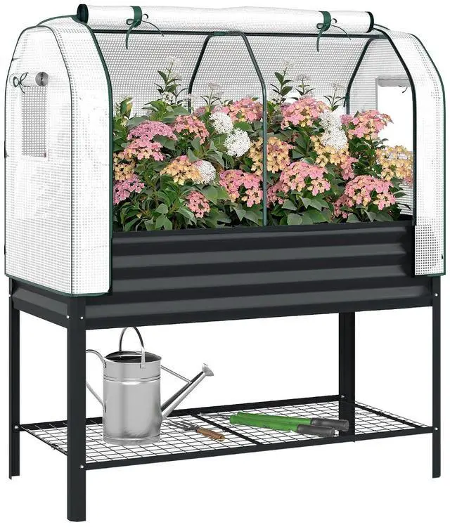 Main image of Galvanised Raised Garden Bed with Greenhouse Cover, Black | Metal Elevated Garden Bed with Legs, Bed Liner, Bottom Shelf, Outdoor Raised Planter Box for Vegetables, Herbs, Flowers