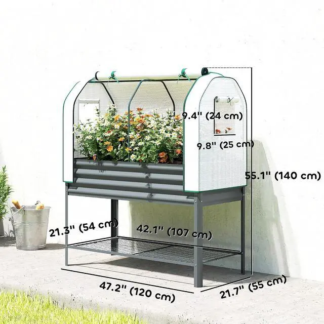 Alt view image 7 of 7 - Galvanised Raised Garden Bed with Greenhouse Cover, Dark Gray | Metal Elevated Garden Bed with Legs, Bed Liner, Bottom Shelf, Outdoor Raised Planter Box for Vegetables, Herbs, Flowers