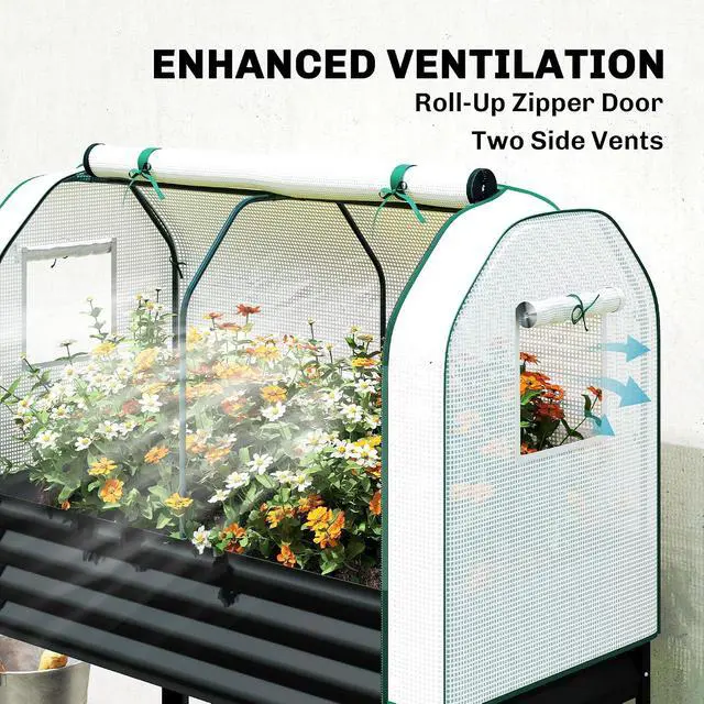 Alt view image 4 of 7 - Galvanised Raised Garden Bed with Greenhouse Cover, Black | Metal Elevated Garden Bed with Legs, Bed Liner, Bottom Shelf, Outdoor Raised Planter Box for Vegetables, Herbs, Flowers