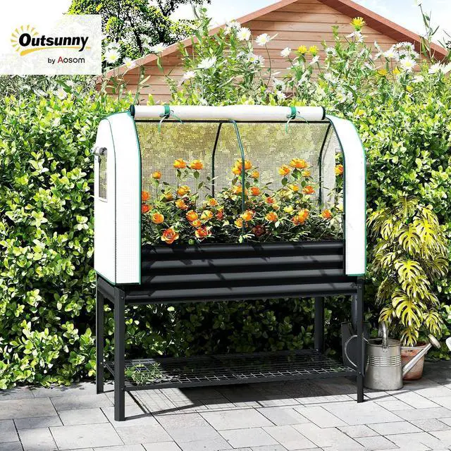 Alt view image 2 of 7 - Galvanised Raised Garden Bed with Greenhouse Cover, Black | Metal Elevated Garden Bed with Legs, Bed Liner, Bottom Shelf, Outdoor Raised Planter Box for Vegetables, Herbs, Flowers
