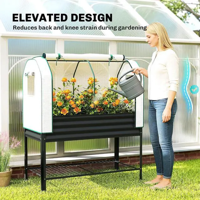 Alt view image 5 of 7 - Galvanised Raised Garden Bed with Greenhouse Cover, Black | Metal Elevated Garden Bed with Legs, Bed Liner, Bottom Shelf, Outdoor Raised Planter Box for Vegetables, Herbs, Flowers