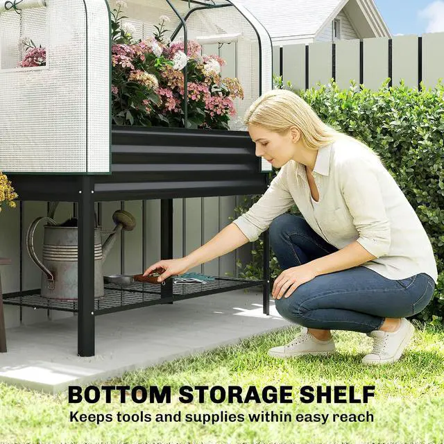 Alt view image 6 of 7 - Galvanised Raised Garden Bed with Greenhouse Cover, Black | Metal Elevated Garden Bed with Legs, Bed Liner, Bottom Shelf, Outdoor Raised Planter Box for Vegetables, Herbs, Flowers
