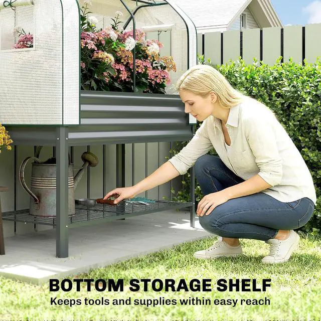 Alt view image 6 of 7 - Galvanised Raised Garden Bed with Greenhouse Cover, Dark Gray | Metal Elevated Garden Bed with Legs, Bed Liner, Bottom Shelf, Outdoor Raised Planter Box for Vegetables, Herbs, Flowers