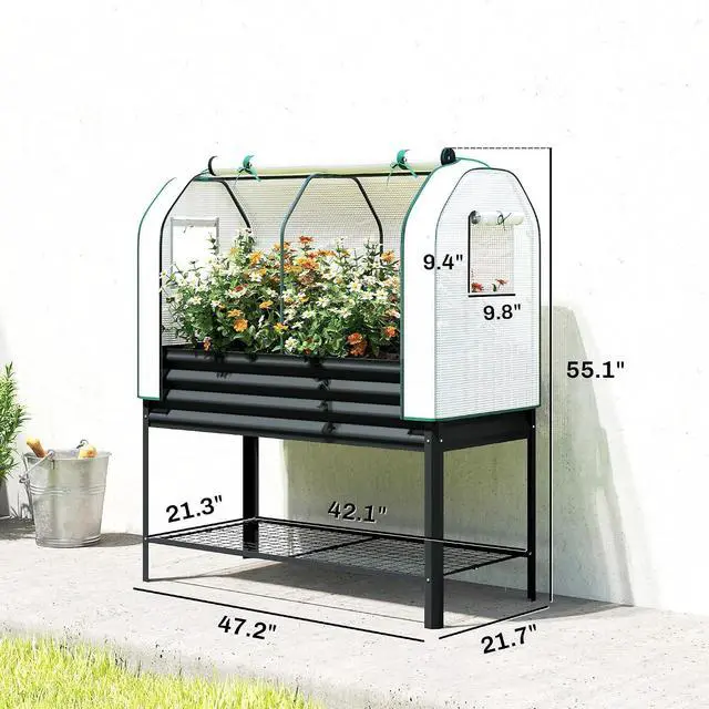 Alt view image 7 of 7 - Galvanised Raised Garden Bed with Greenhouse Cover, Black | Metal Elevated Garden Bed with Legs, Bed Liner, Bottom Shelf, Outdoor Raised Planter Box for Vegetables, Herbs, Flowers