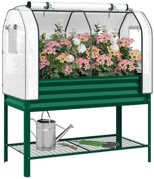 Main image of Galvanised Raised Garden Bed with Greenhouse Cover, Green | Metal Elevated Garden Bed with Legs, Bed Liner, Bottom Shelf, Outdoor Raised Planter Box for Vegetables, Herbs, Flowers