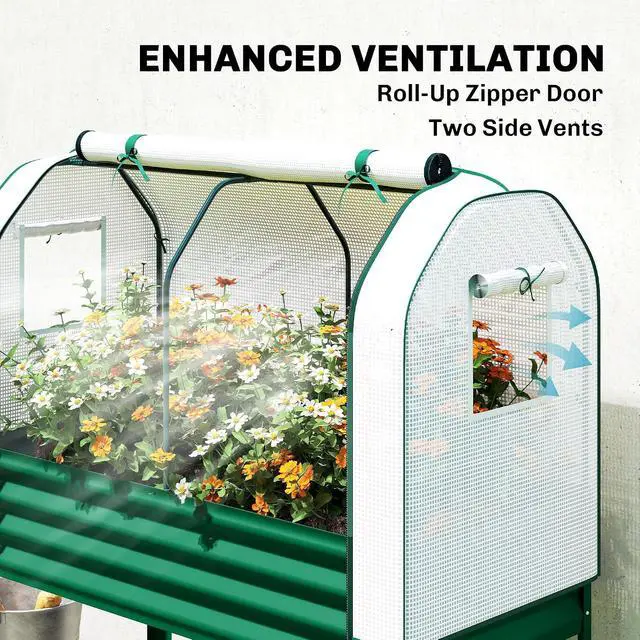 Alt view image 4 of 7 - Galvanised Raised Garden Bed with Greenhouse Cover, Green | Metal Elevated Garden Bed with Legs, Bed Liner, Bottom Shelf, Outdoor Raised Planter Box for Vegetables, Herbs, Flowers
