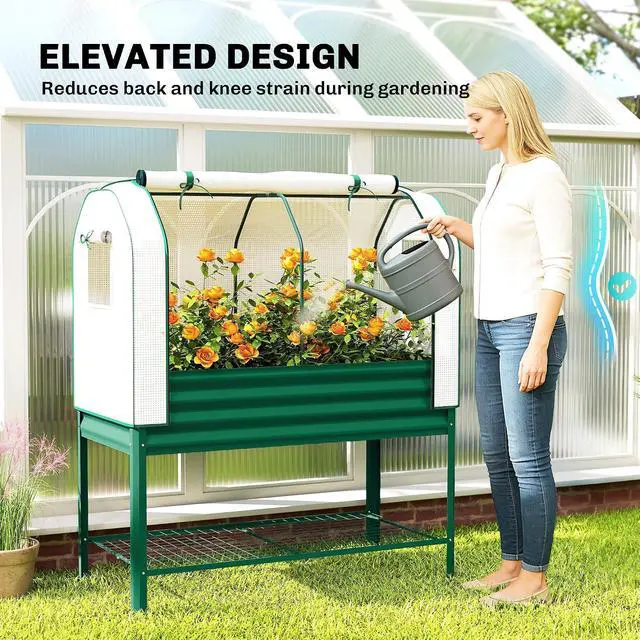 Alt view image 5 of 7 - Galvanised Raised Garden Bed with Greenhouse Cover, Green | Metal Elevated Garden Bed with Legs, Bed Liner, Bottom Shelf, Outdoor Raised Planter Box for Vegetables, Herbs, Flowers