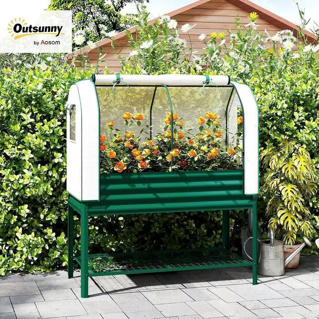 Alt view image 2 of 7 - Galvanised Raised Garden Bed with Greenhouse Cover, Green | Metal Elevated Garden Bed with Legs, Bed Liner, Bottom Shelf, Outdoor Raised Planter Box for Vegetables, Herbs, Flowers