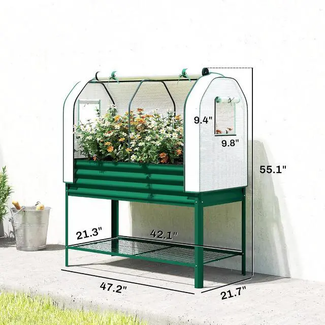 Alt view image 7 of 7 - Galvanised Raised Garden Bed with Greenhouse Cover, Green | Metal Elevated Garden Bed with Legs, Bed Liner, Bottom Shelf, Outdoor Raised Planter Box for Vegetables, Herbs, Flowers