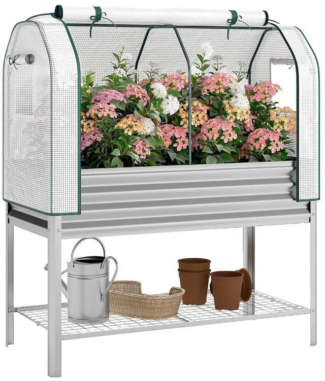 Main image of Galvanised Raised Garden Bed with Greenhouse Cover, Silver | Metal Elevated Garden Bed with Legs, Bed Liner, Bottom Shelf, Outdoor Raised Planter Box for Vegetables, Herbs, Flowers