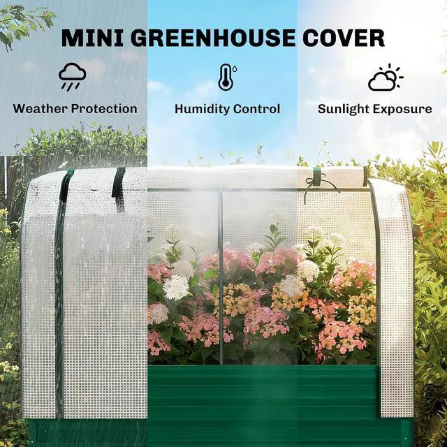 Alt view image 3 of 7 - Galvanised Raised Garden Bed with Greenhouse Cover, Green | Metal Elevated Garden Bed with Legs, Bed Liner, Bottom Shelf, Outdoor Raised Planter Box for Vegetables, Herbs, Flowers