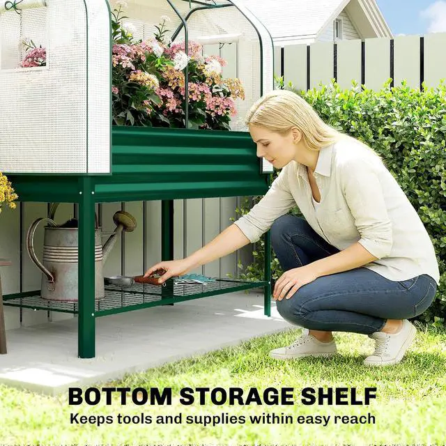 Alt view image 6 of 7 - Galvanised Raised Garden Bed with Greenhouse Cover, Green | Metal Elevated Garden Bed with Legs, Bed Liner, Bottom Shelf, Outdoor Raised Planter Box for Vegetables, Herbs, Flowers