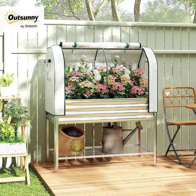 Alt view image 2 of 7 - Galvanised Raised Garden Bed with Greenhouse Cover, Silver | Metal Elevated Garden Bed with Legs, Bed Liner, Bottom Shelf, Outdoor Raised Planter Box for Vegetables, Herbs, Flowers