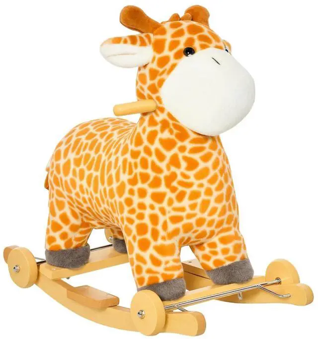Main image of Qaba Giraffe Rocking Horse 2 in 1 Kids Ride on w/Sound Ages 3-6 Yellow | Rolling Animal Rocker, Wooden Base, Pedal, Grip Handle, Plush Riding Pony