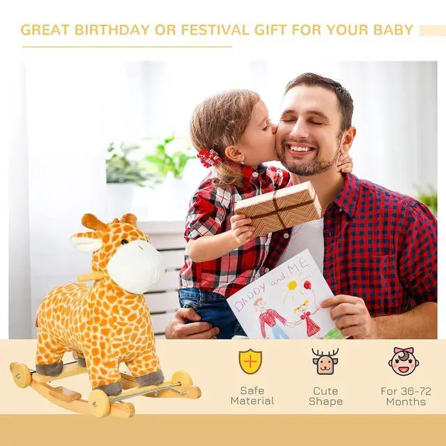 Alt view image 3 of 7 - Qaba Giraffe Rocking Horse 2 in 1 Kids Ride on w/Sound Ages 3-6 Yellow | Rolling Animal Rocker, Wooden Base, Pedal, Grip Handle, Plush Riding Pony