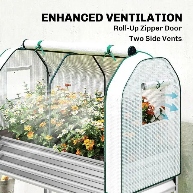 Alt view image 4 of 7 - Galvanised Raised Garden Bed with Greenhouse Cover, Silver | Metal Elevated Garden Bed with Legs, Bed Liner, Bottom Shelf, Outdoor Raised Planter Box for Vegetables, Herbs, Flowers