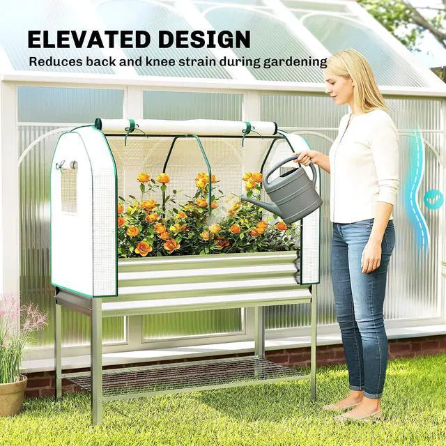 Alt view image 5 of 7 - Galvanised Raised Garden Bed with Greenhouse Cover, Silver | Metal Elevated Garden Bed with Legs, Bed Liner, Bottom Shelf, Outdoor Raised Planter Box for Vegetables, Herbs, Flowers
