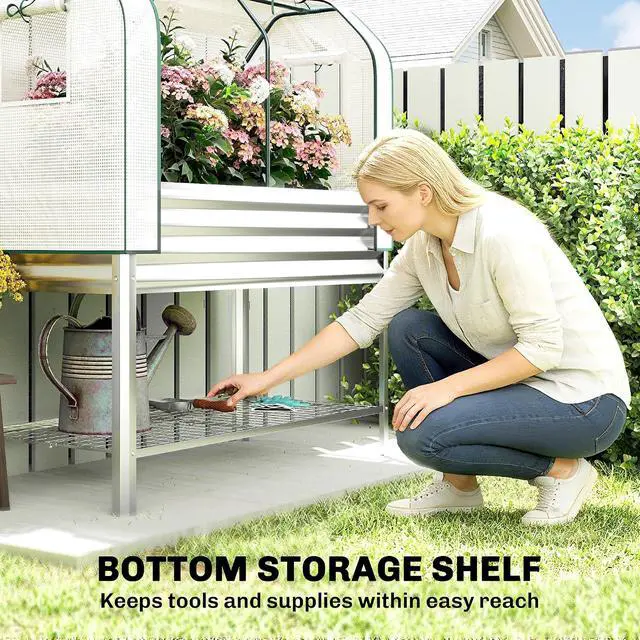 Alt view image 6 of 7 - Galvanised Raised Garden Bed with Greenhouse Cover, Silver | Metal Elevated Garden Bed with Legs, Bed Liner, Bottom Shelf, Outdoor Raised Planter Box for Vegetables, Herbs, Flowers