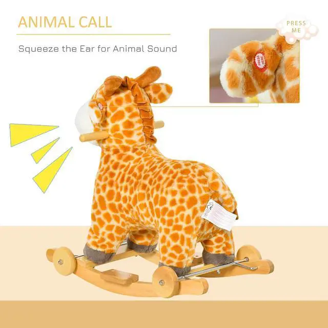 Alt view image 5 of 7 - Qaba Giraffe Rocking Horse 2 in 1 Kids Ride on w/Sound Ages 3-6 Yellow | Rolling Animal Rocker, Wooden Base, Pedal, Grip Handle, Plush Riding Pony