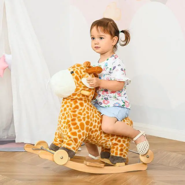 Alt view image 2 of 7 - Qaba Giraffe Rocking Horse 2 in 1 Kids Ride on w/Sound Ages 3-6 Yellow | Rolling Animal Rocker, Wooden Base, Pedal, Grip Handle, Plush Riding Pony
