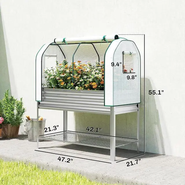 Alt view image 7 of 7 - Galvanised Raised Garden Bed with Greenhouse Cover, Silver | Metal Elevated Garden Bed with Legs, Bed Liner, Bottom Shelf, Outdoor Raised Planter Box for Vegetables, Herbs, Flowers