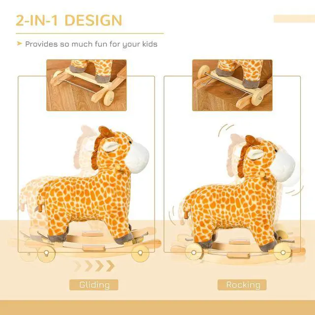 Alt view image 4 of 7 - Qaba Giraffe Rocking Horse 2 in 1 Kids Ride on w/Sound Ages 3-6 Yellow | Rolling Animal Rocker, Wooden Base, Pedal, Grip Handle, Plush Riding Pony