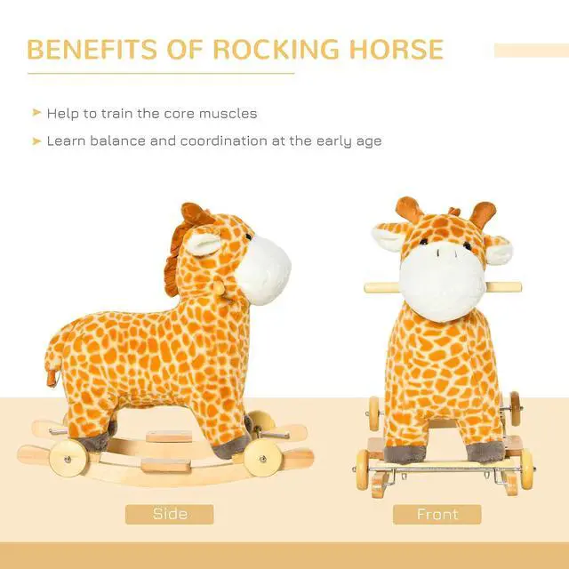 Alt view image 6 of 7 - Qaba Giraffe Rocking Horse 2 in 1 Kids Ride on w/Sound Ages 3-6 Yellow | Rolling Animal Rocker, Wooden Base, Pedal, Grip Handle, Plush Riding Pony