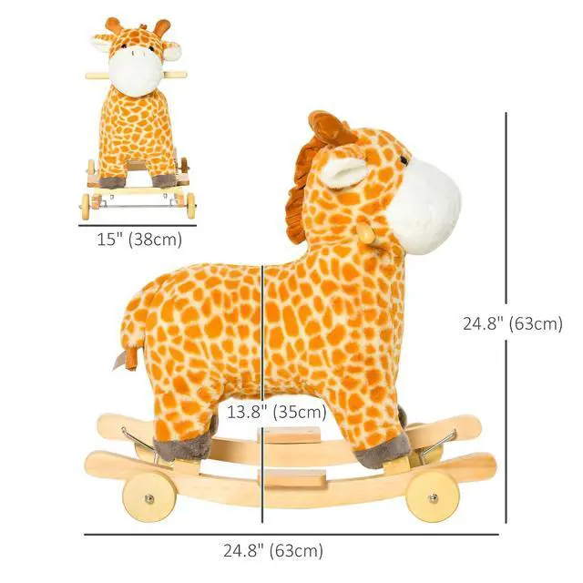 Alt view image 7 of 7 - Qaba Giraffe Rocking Horse 2 in 1 Kids Ride on w/Sound Ages 3-6 Yellow | Rolling Animal Rocker, Wooden Base, Pedal, Grip Handle, Plush Riding Pony