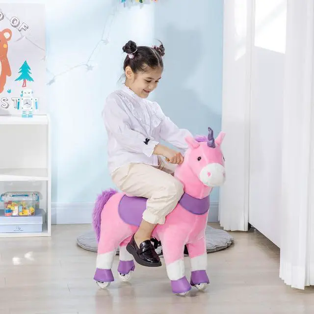 Alt view image 2 of 7 - Qaba Ride On Real Walking Unicorn Toy with Sparkly Horn for Kids | Soft Plush, Rocking Horse, Bearing 176lbs, Imaginative Interactive Toy, Unicorn Gifts