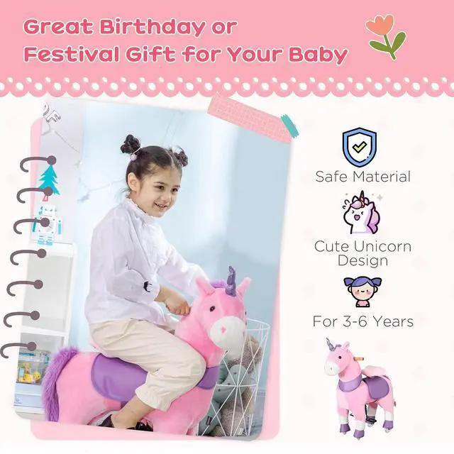 Alt view image 3 of 7 - Qaba Ride On Real Walking Unicorn Toy with Sparkly Horn for Kids | Soft Plush, Rocking Horse, Bearing 176lbs, Imaginative Interactive Toy, Unicorn Gifts