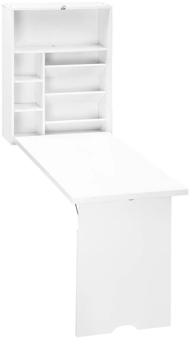 Main image of Wall Mounted Fold Out Convertible Desk with Storage Shelf White | Multi-Function Floating Desk, for Home Office