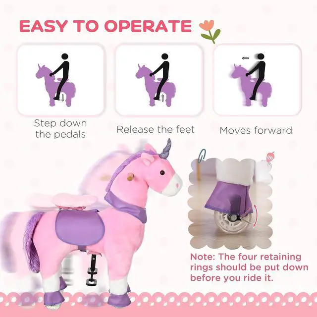 Alt view image 4 of 7 - Qaba Ride On Real Walking Unicorn Toy with Sparkly Horn for Kids | Soft Plush, Rocking Horse, Bearing 176lbs, Imaginative Interactive Toy, Unicorn Gifts