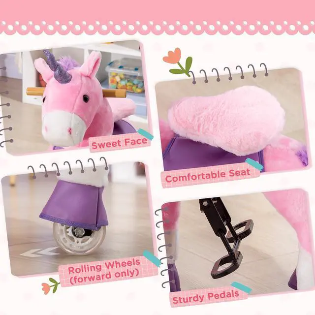 Alt view image 6 of 7 - Qaba Ride On Real Walking Unicorn Toy with Sparkly Horn for Kids | Soft Plush, Rocking Horse, Bearing 176lbs, Imaginative Interactive Toy, Unicorn Gifts
