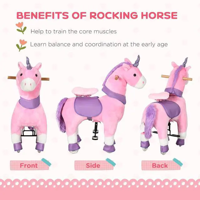 Alt view image 5 of 7 - Qaba Ride On Real Walking Unicorn Toy with Sparkly Horn for Kids | Soft Plush, Rocking Horse, Bearing 176lbs, Imaginative Interactive Toy, Unicorn Gifts