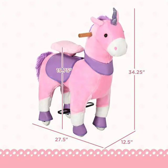 Alt view image 7 of 7 - Qaba Ride On Real Walking Unicorn Toy with Sparkly Horn for Kids | Soft Plush, Rocking Horse, Bearing 176lbs, Imaginative Interactive Toy, Unicorn Gifts