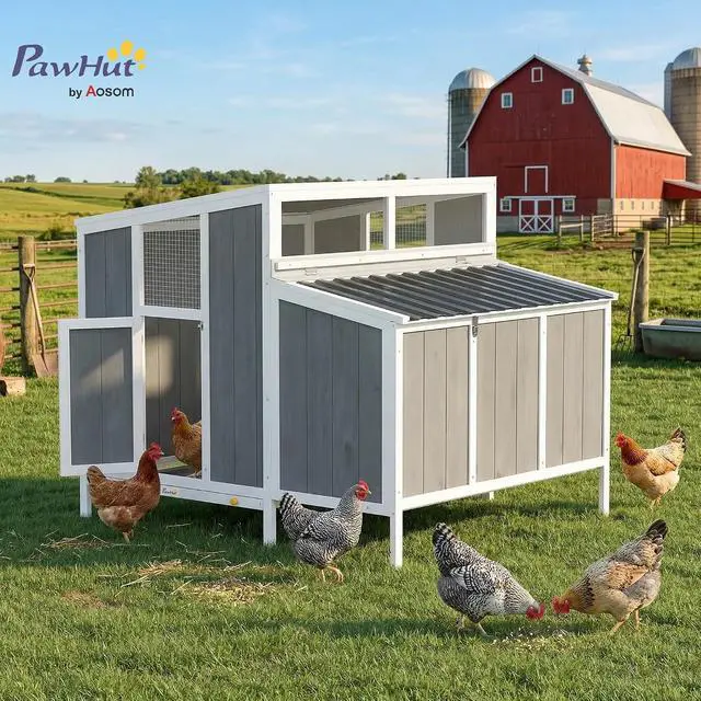 Alt view image 2 of 7 - PawHut Chicken Coop, Poultry Hutch for 4-6 Hens 49.2" x 39" x 40" Gray | Wooden Outdoor Hen House, Nesting Box, Weatherproof Roof, Removable Tray, Backyard Use