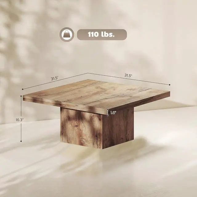 Alt view image 3 of 7 - Living Room Table Coffee Table 31.5" x 31.5" Light Brown Wood Grain | 1.6" Thick Tabletop, Wood Rustic, Farmhouse Style, Easy Assembly
