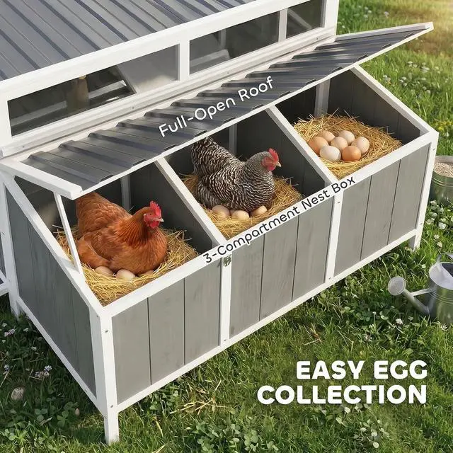 Alt view image 6 of 7 - PawHut Chicken Coop, Poultry Hutch for 4-6 Hens 49.2" x 39" x 40" Gray | Wooden Outdoor Hen House, Nesting Box, Weatherproof Roof, Removable Tray, Backyard Use