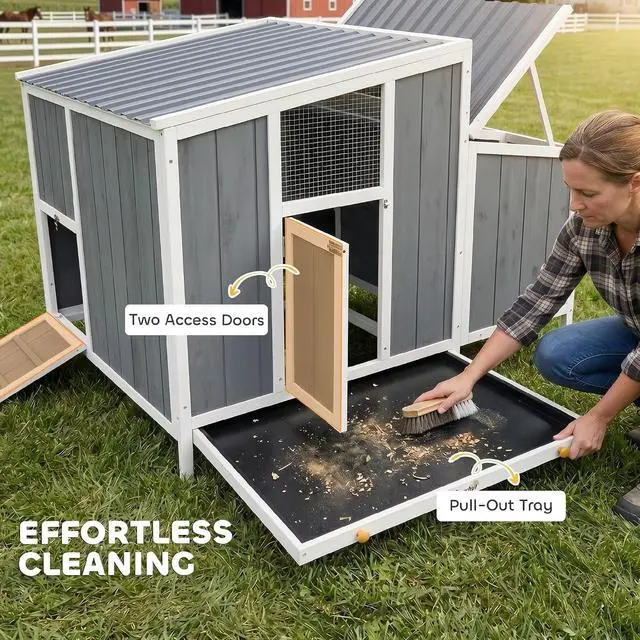 Alt view image 5 of 7 - PawHut Chicken Coop, Poultry Hutch for 4-6 Hens 49.2" x 39" x 40" Gray | Wooden Outdoor Hen House, Nesting Box, Weatherproof Roof, Removable Tray, Backyard Use