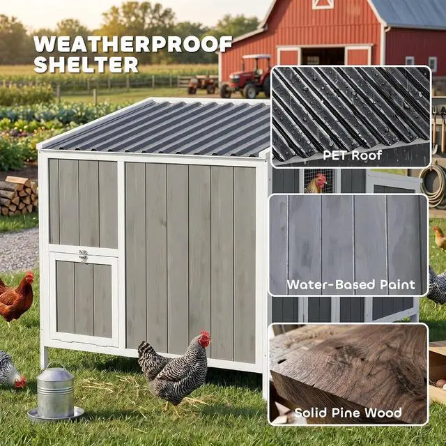 Alt view image 4 of 7 - PawHut Chicken Coop, Poultry Hutch for 4-6 Hens 49.2" x 39" x 40" Gray | Wooden Outdoor Hen House, Nesting Box, Weatherproof Roof, Removable Tray, Backyard Use