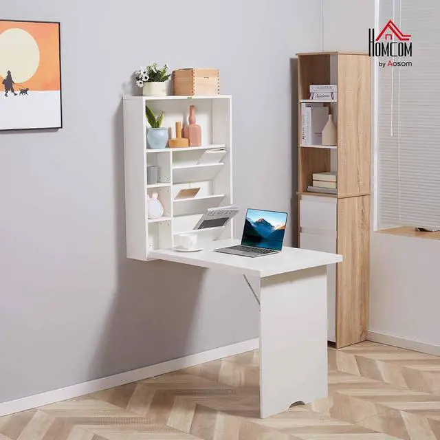 Alt view image 2 of 7 - Wall Mounted Fold Out Convertible Desk with Storage Shelf White | Multi-Function Floating Desk, for Home Office