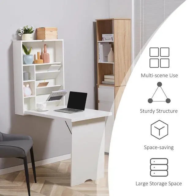 Alt view image 6 of 7 - Wall Mounted Fold Out Convertible Desk with Storage Shelf White | Multi-Function Floating Desk, for Home Office