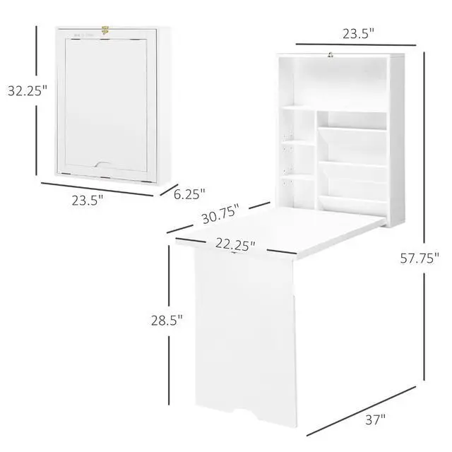 Alt view image 3 of 7 - Wall Mounted Fold Out Convertible Desk with Storage Shelf White | Multi-Function Floating Desk, for Home Office