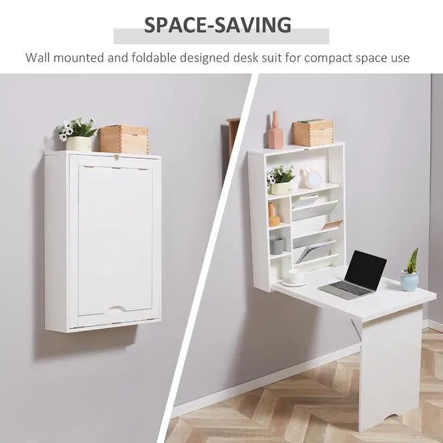 Alt view image 4 of 7 - Wall Mounted Fold Out Convertible Desk with Storage Shelf White | Multi-Function Floating Desk, for Home Office